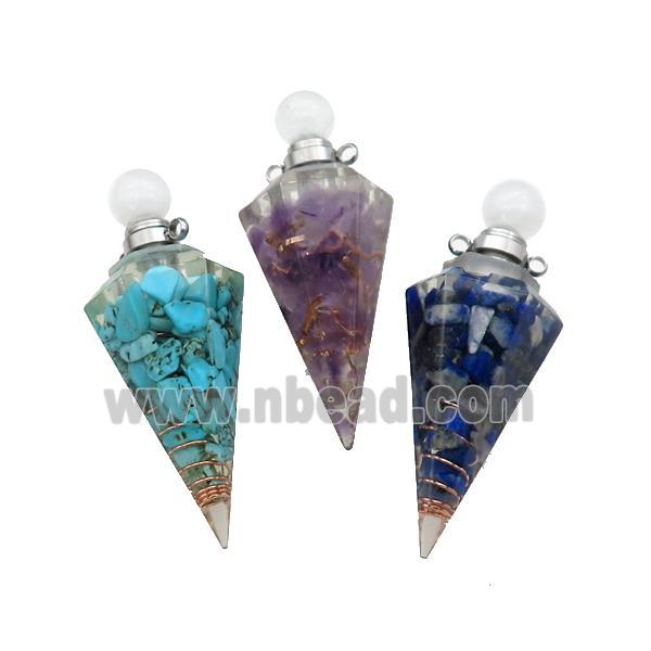 Natural Gemstone Chips Perfume Bottle Pendant Resin Cone Platinum Plated Mixed