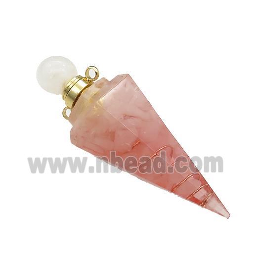 Pink Rose Quartz Chips Perfume Bottle Pendant Resin Cone Gold Plated