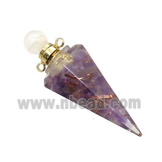 Natural Purple Amethyst Chips Perfume Bottle Pendant Resin Cone Gold Plated