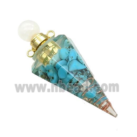 Blue Magnesite Turquoise Chips Perfume Bottle Pendant Resin Cone Gold Plated