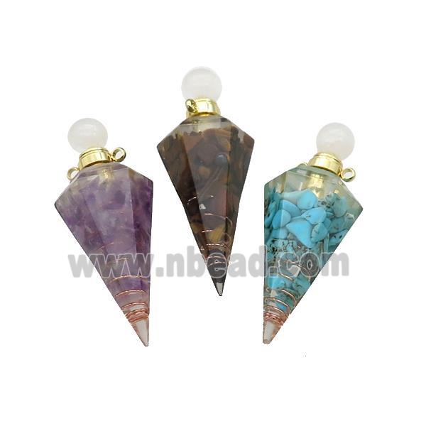 Natural Gemstone Chips Perfume Bottle Pendant Resin Cone Gold Plated Mixed