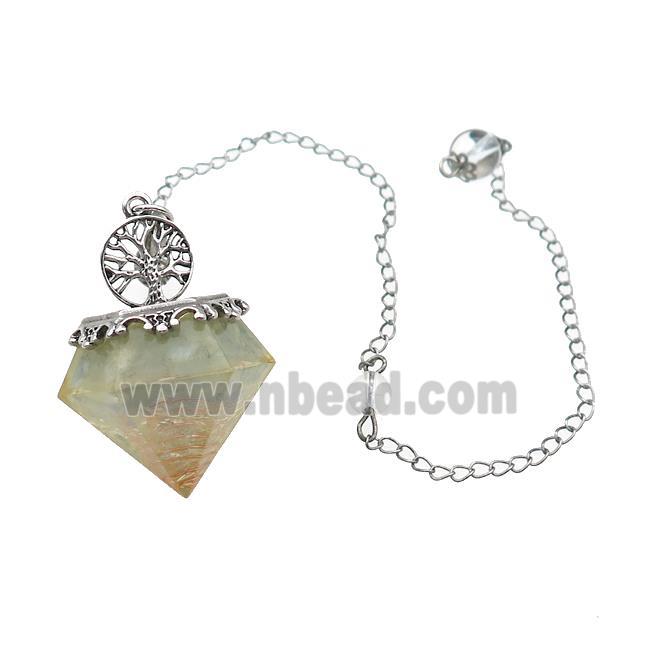 Aquamarine Chips Dowsing Diamond Shape Pendulum Pendant Tree Of Life Copper Chain Platinum Plated