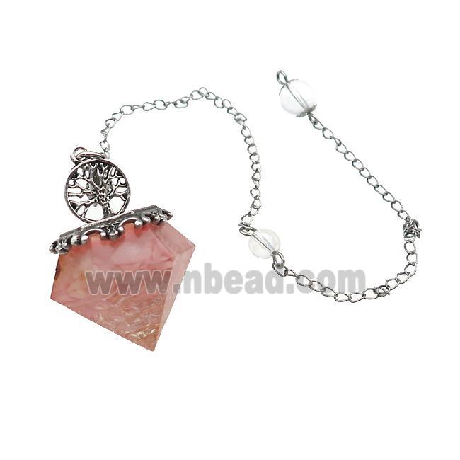 Rose Quartz Chips Dowsing Diamond Shape Pendulum Pendant Tree Of Life Copper Chain Platinum Plated