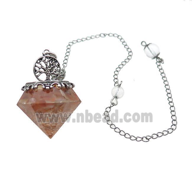 Red Carnelian Chips Dowsing Diamond Shape Pendulum Pendant Tree Of Life Copper Chain Platinum Plated
