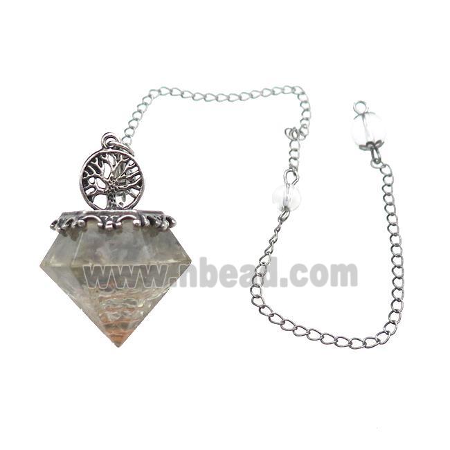 Labradorite Chips Dowsing Diamond Shape Pendulum Pendant Tree Of Life Copper Chain Platinum Plated