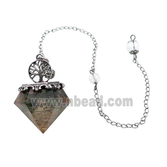 Multicolor Tourmaline Chip Dowsing Diamond Shape Pendulum Pendant Tree Of Life Copper Chain Platinum
