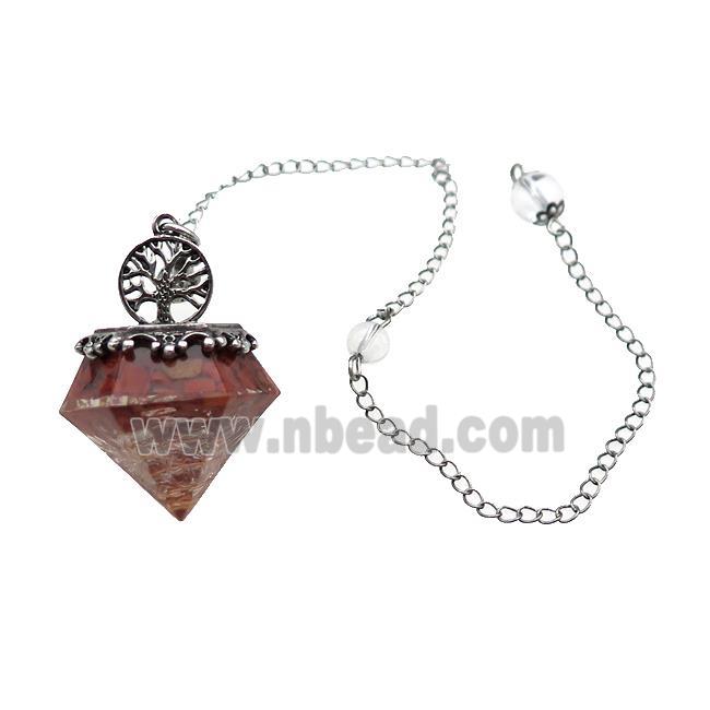 Red Jasper Chips Dowsing Diamond Shape Pendulum Pendant Tree Of Life Copper Chain Platinum Plated