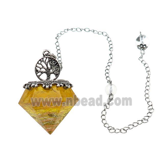 Yellow Citrine Chip Dowsing Diamond Shape Pendulum Pendant Tree Of Life Copper Chain Platinum Plated
