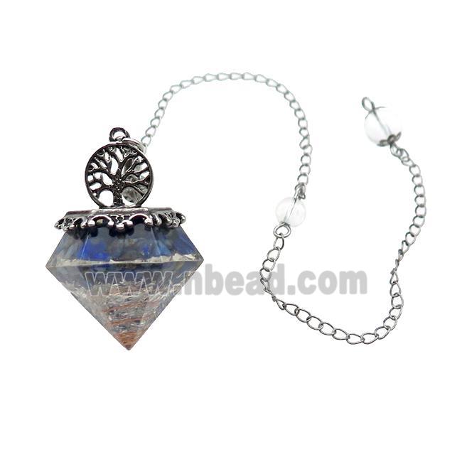 Blue Lapis Chips Dowsing Diamond Shape Pendulum Pendant Tree Of Life Copper Chain Platinum Plated