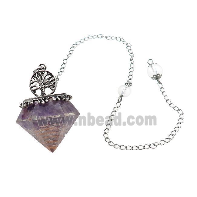 Purple Amethyst Chips Dowsing Diamond Shape Pendulum Pendant Tree Of Life Copper Chain Platinum Plat