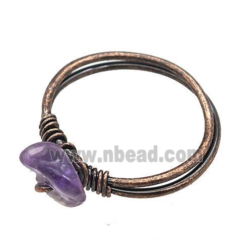 Copper Rings With Amethyst Wire Wrapped Antique Red