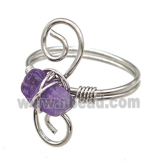 Copper Rings With Purple Amethyst Wire Wrapped Platinum Plated
