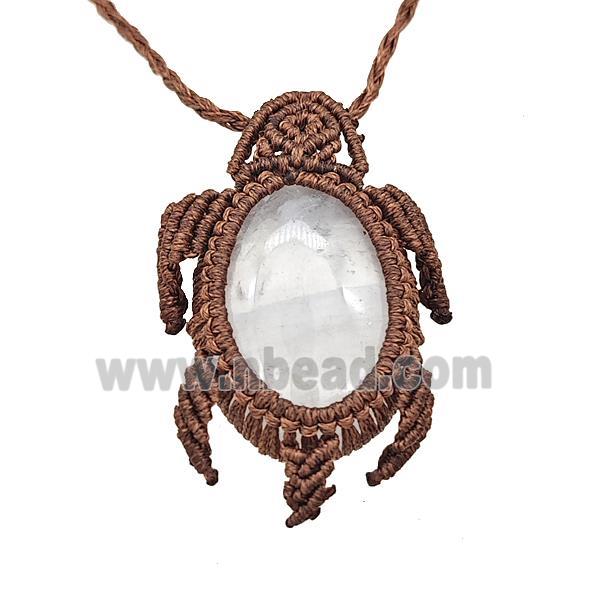 Natural Clear Quartz Necklace Tortoise Waxed Fabric Rose Brown