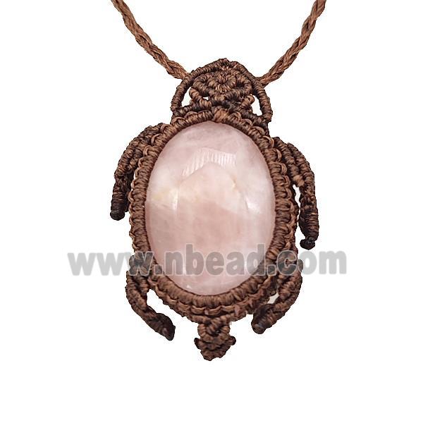 Natural Pink Rose Quartz Necklace Tortoise Waxed Fabric Rose Brown