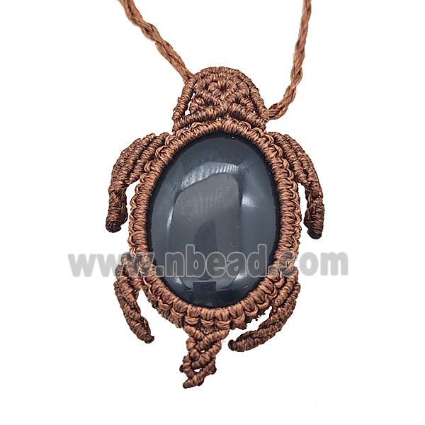 Black Obsidian Necklace Tortoise Waxed Fabric Rose Brown