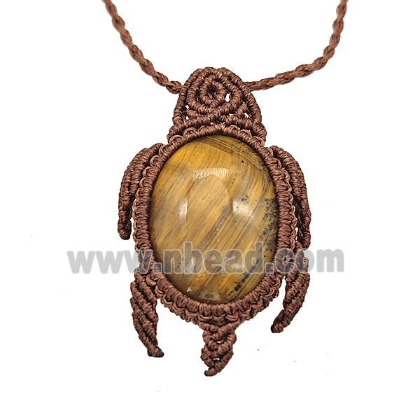 Natural Tiger Eye Stone Necklace Tortoise Waxed Fabric Rose Brown