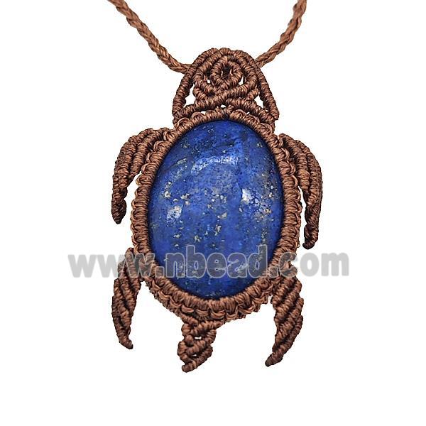Natural Blue Lapis Lazuli Necklace Tortoise Waxed Fabric Rose Brown