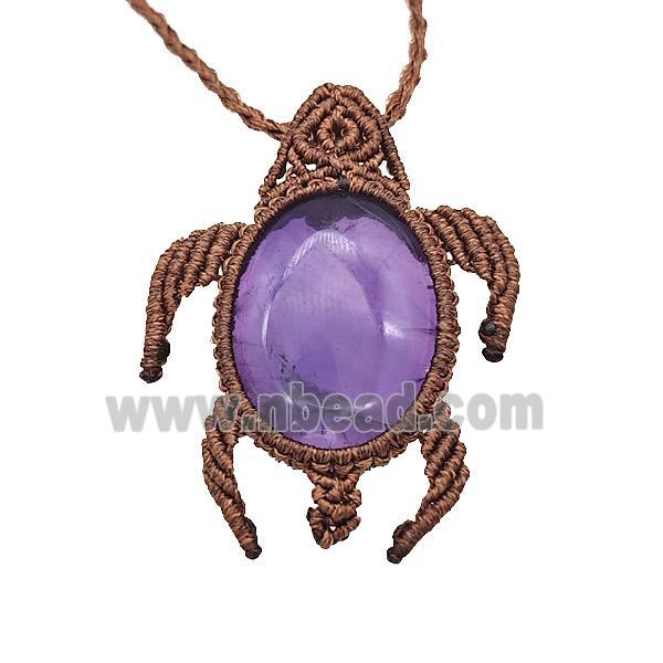 Natural Purple Amethyst Necklace Tortoise Waxed Fabric Rose Brown