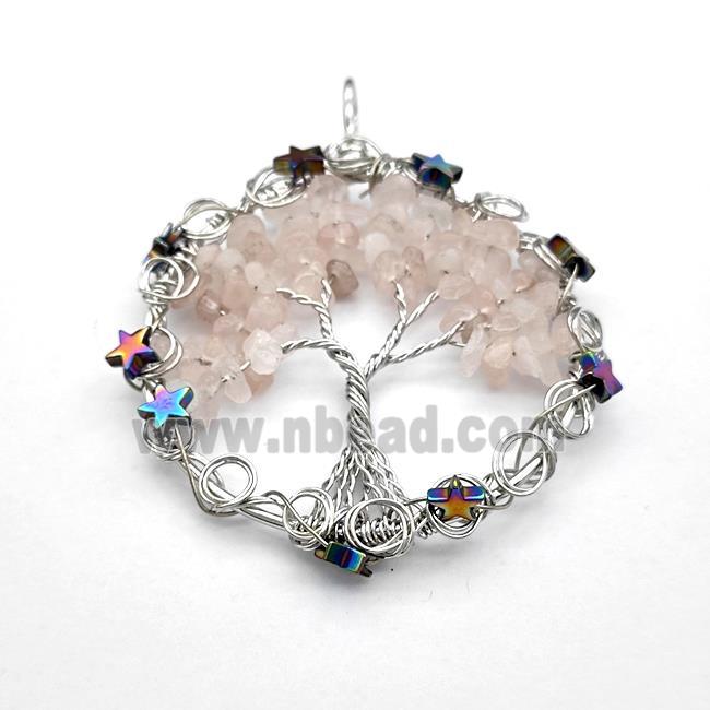 Pink Rose Quartz Chips Pendant Tree Of Life Copper Wire Wrapped Platinum Plated