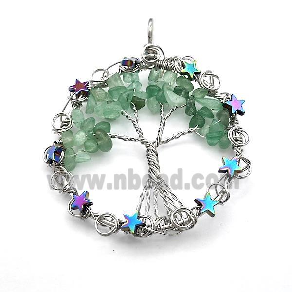 Green Aventurine Chips Pendant Tree Of Life Copper Wire Wrapped Platinum Plated
