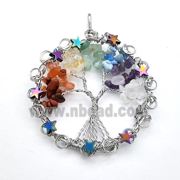 Mixed Gemstone Chakra Chips Pendant Tree Of Life Copper Wire Wrapped Platinum Plated
