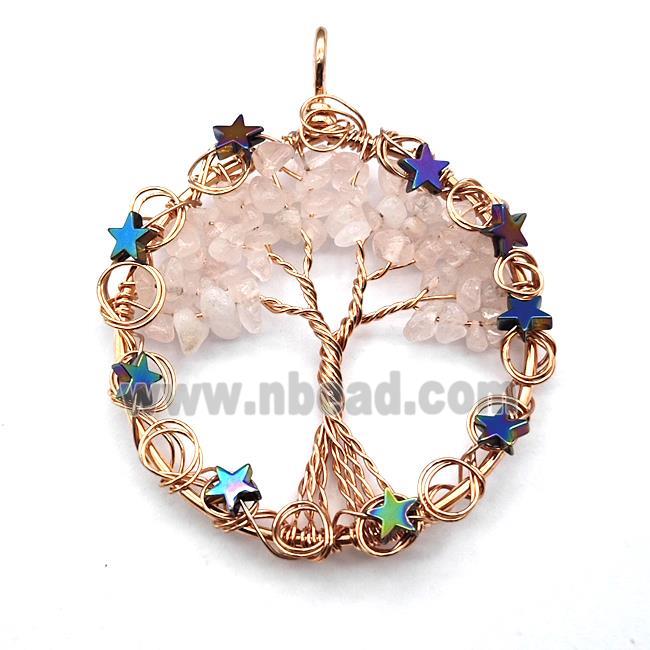 Pink Rose Quartz Chips Pendant Tree Of Life Copper Wire Wrapped Rose Gold