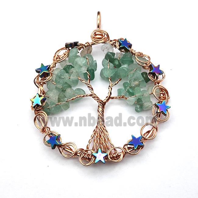 Green Aventurine Chips Pendant Tree Of Life Copper Wire Wrapped Rose Gold