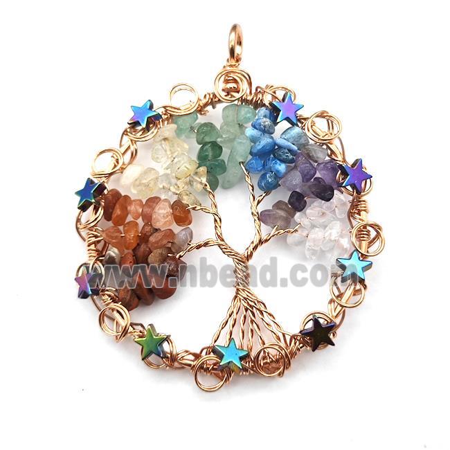 Mixed Gemstone Chips Pendant Chakra Tree Of Life Copper Wire Wrapped Rose Gold