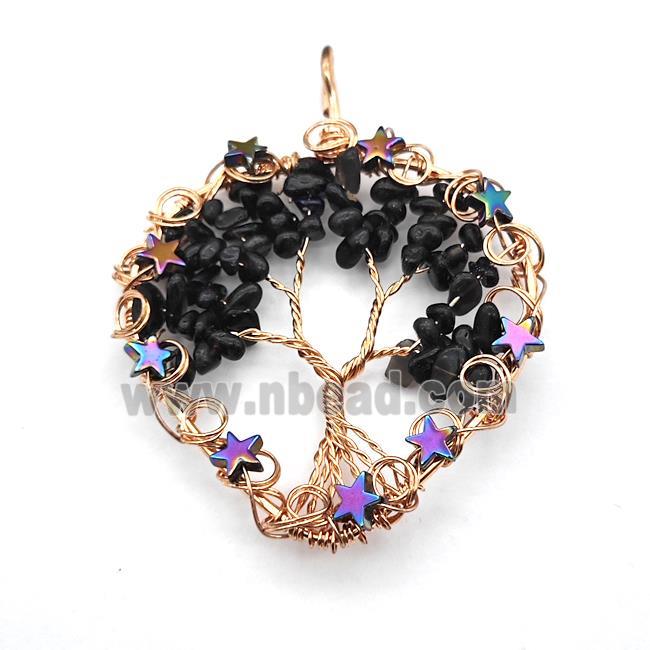 Black Obsidan Chips Pendant Tree Of Life Copper Wire Wrapped Rose Gold