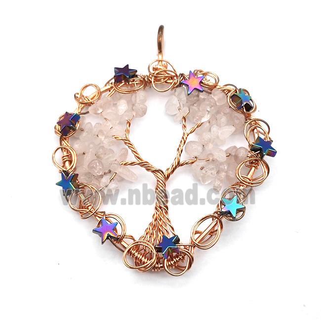Pink Rose Quartz Chips Pendant Tree Of Life Copper Wire Wrapped Rose Gold