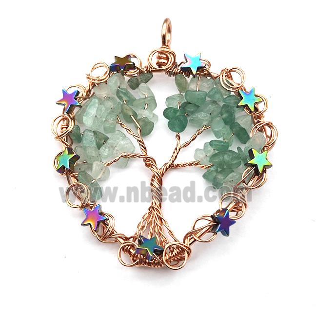 Green Aventurine Chips Pendant Tree Of Life Copper Wire Wrapped Rose Gold