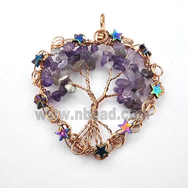 Purple Amethyst Chips Pendant Tree Of Life Copper Wire Wrapped Rose Gold