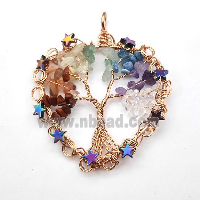 Gemstone Chakra Chips Pendant Tree Of Life Copper Wire Wrapped Rose Gold