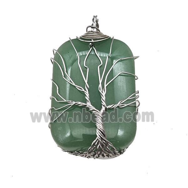 Green Aventurine Rectangle Pendant Tree Of Life Copper Wire Wrapped Platinum