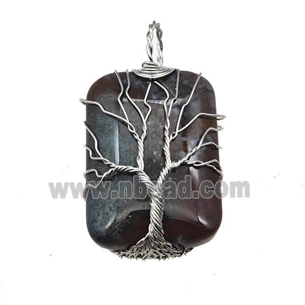 Indian Agate Rectangle Pendant Tree Of Life Copper Wire Wrapped Platinum