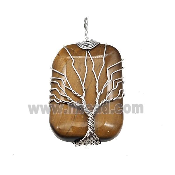 Tiger Eye Stone Rectangle Pendant Tree Of Life Copper Wire Wrapped Platinum