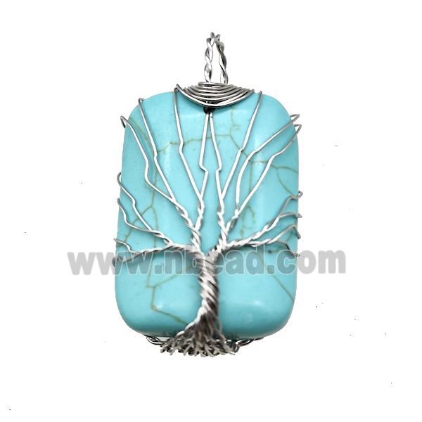 Blue Synthetic Turquoise Rectangle Pendant Tree Of Life Copper Wire Wrapped Platinum