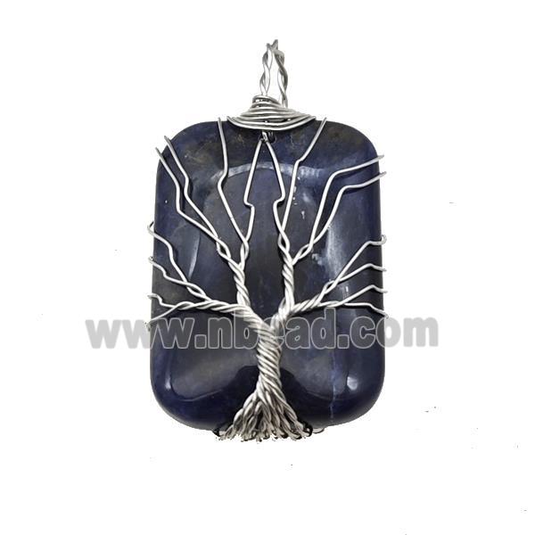 Blue Sodalite Rectangle Pendant Tree Of Life Copper Wire Wrapped Platinum