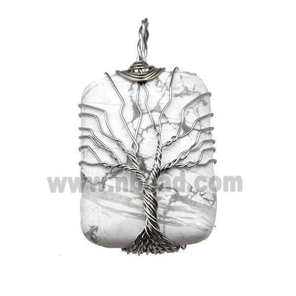 White Howlite Rectangle Pendant Tree Of Life Copper Wire Wrapped Platinum