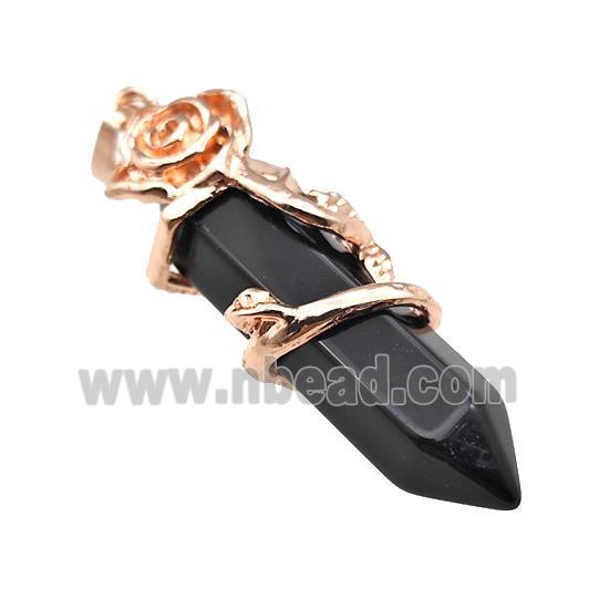 Black Obsidian Prism Pendant Cone Alloy Flower Wrapped Rose Gold