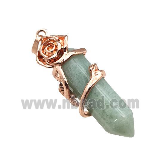 Green Aventurine Prism Pendant Cone Alloy Flower Wrapped Rose Gold