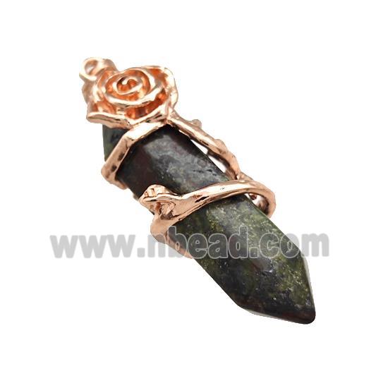 Green Bloodstone Prism Pendant Cone Alloy Flower Wrapped Rose Gold