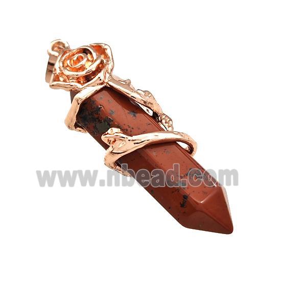 Natural Red Jasper Prism Pendant Cone Alloy Flower Wrapped Rose Gold