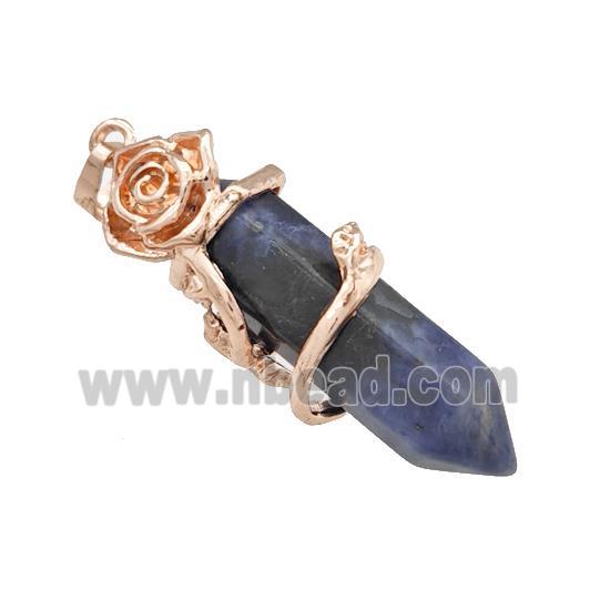 Natural Blue Sodalite Prism Pendant Cone Alloy Flower Wrapped Rose Gold