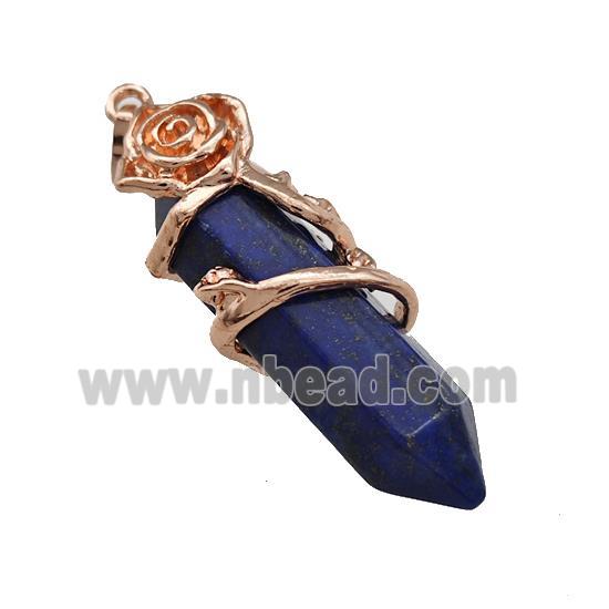 Natural Blue Lapis Lazuli Prism Pendant Cone Alloy Flower Wrapped Rose Gold