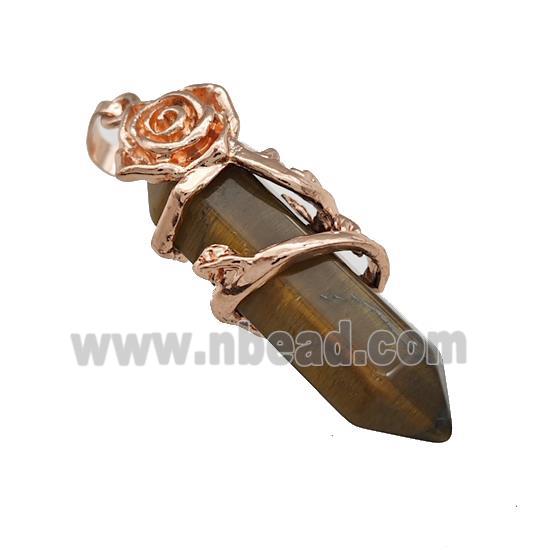 Natural Tiger Eye Stone Prism Pendant Cone Alloy Flower Wrapped Rose Gold