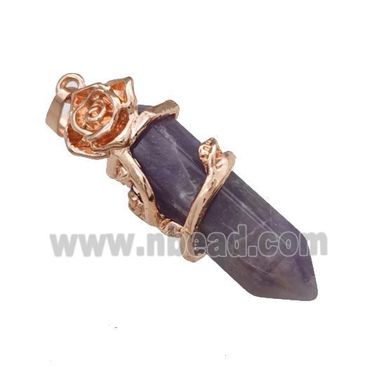Natural Purple Amethyst Prism Pendant Cone Alloy Flower Wrapped Rose Gold
