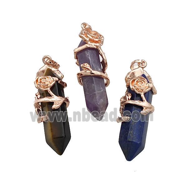 Natural Gemstone Prism Pendant Cone Alloy Flower Wrapped Rose Gold Mixed