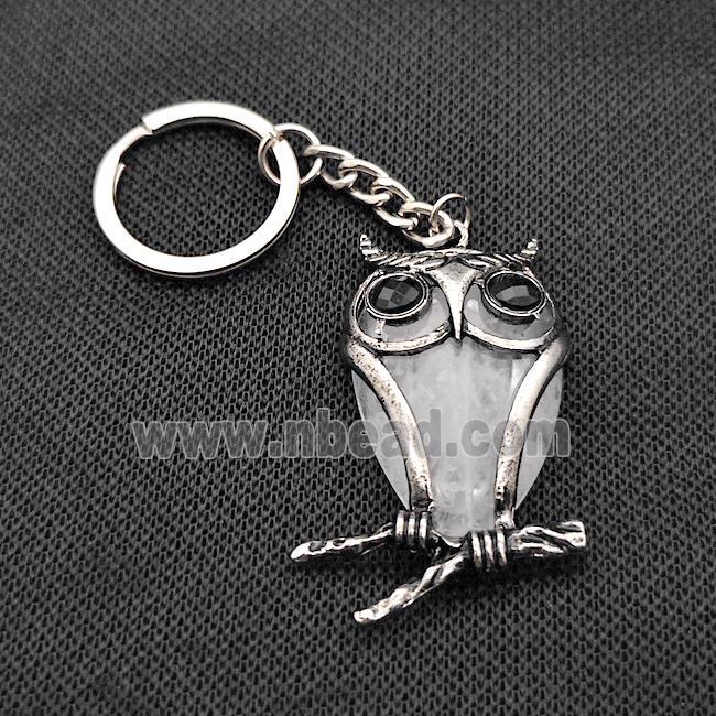 Owl Charms Keychain With Clear Quartz Alloy Platinum Plated