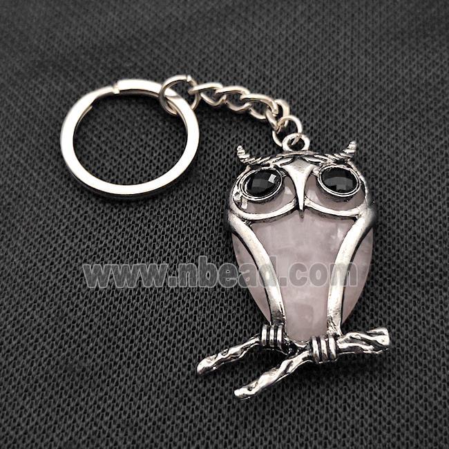 Owl Charms Keychain With Rose Quartz Alloy Platinum Plated